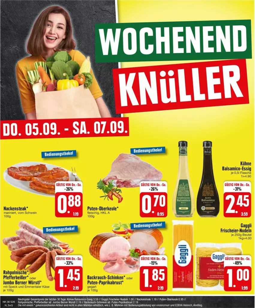 Aktueller Prospekt Edeka - Prospekte - von 02.09 bis 07.09.2024 - strona 26 - produkty: balsam, balsamico, eier, eis, emmentaler, essig, flasche, fleisch, gaggli, HP, jumbo, Käse, Kühne, Nackensteak, nudel, nudeln, paprika, pfeffer, Pfefferbeißer, pute, Rauch, schinken, schwein, Speck, steak, wein