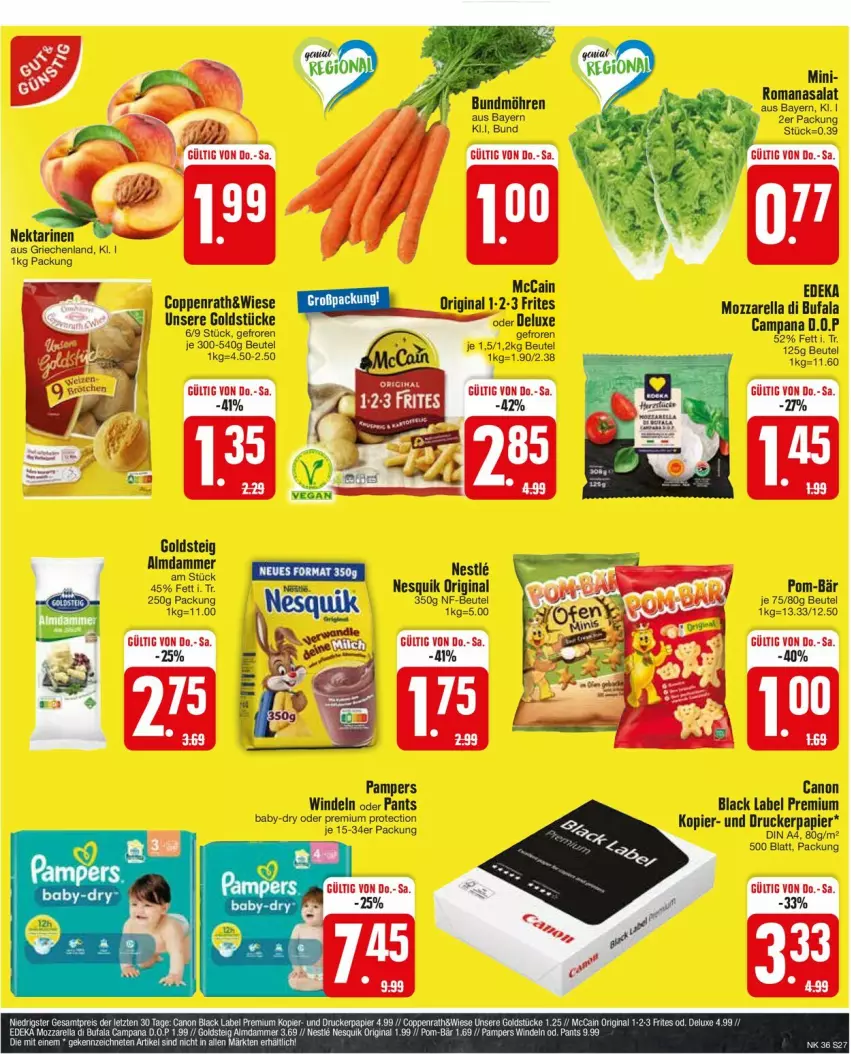 Aktueller Prospekt Edeka - Prospekte - von 02.09 bis 07.09.2024 - strona 27 - produkty: baby-dry, beutel, black label, Bundmöhren, canon, coppenrath, di bufala, drucker, eis, gin, goldsteig, Goldstücke, lack, mccain, Meister, möhren, mozzarella, nesquik, pampers, Pants, papier, pom-bär, rel, Romanasalat, salat, Ti, windeln