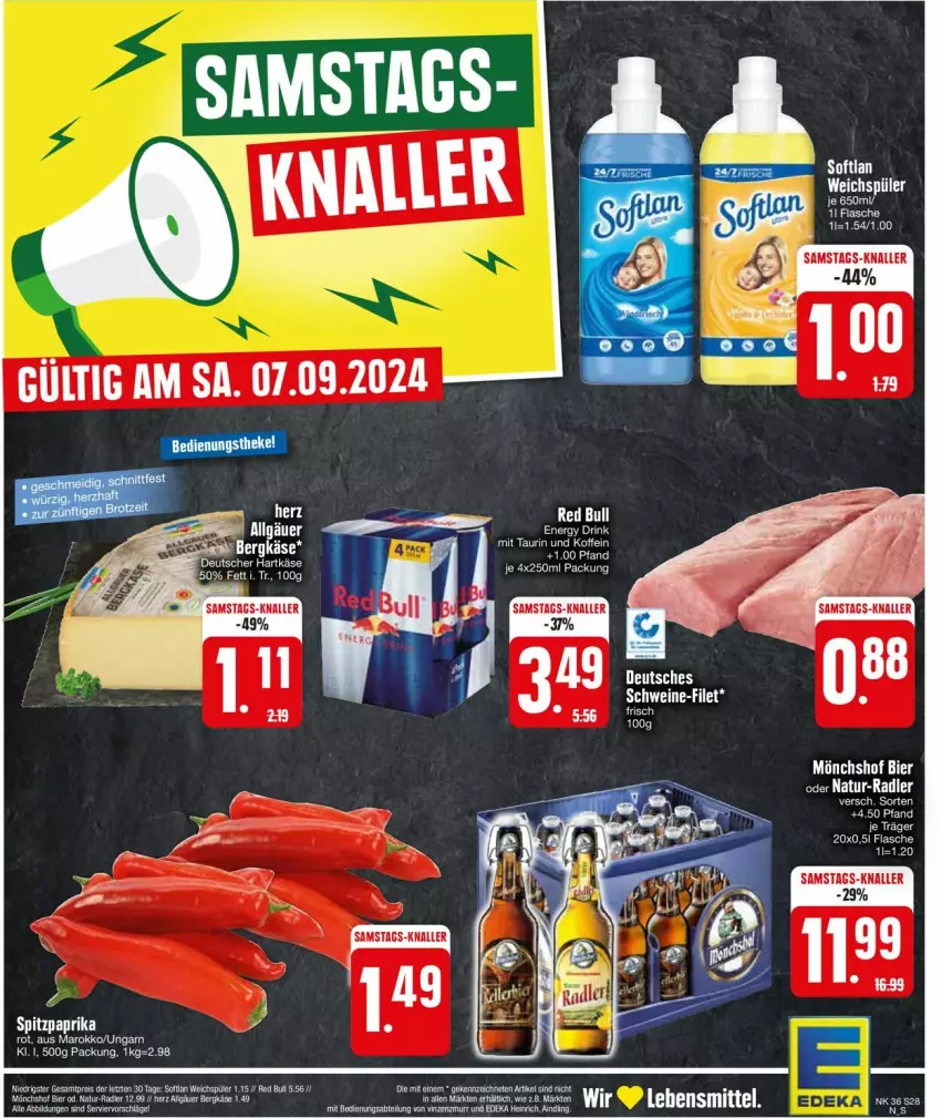 Aktueller Prospekt Edeka - Prospekte - von 02.09 bis 07.09.2024 - strona 28 - produkty: Bergkäse, bier, eis, filet, hartkäse, Käse, lebensmittel, LG, mönchshof, natur, paprika, paprika rot, red bull, reis, schwein, schweine, schweine-filet, Softlan, Spitzpaprika, tee, Ti, weichspüler, wein, weine