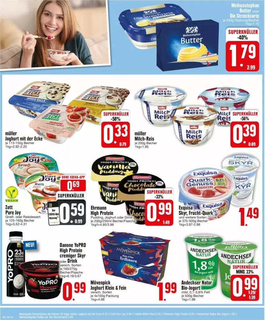 Aktueller Prospekt Edeka - Prospekte - von 02.09 bis 07.09.2024 - strona 4 - produkty: andechser natur, Becher, bio, danone, dessert, drink, ehrmann, eis, joghur, joghurt, joghurt mit der ecke, jogurt, milch, mövenpick, Müller, natur, nuss, pudding, quark, reis, Skyr, Yo, zott