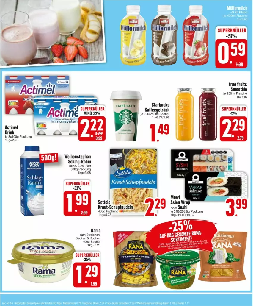 Aktueller Prospekt Edeka - Prospekte - von 02.09 bis 07.09.2024 - strona 6 - produkty: actimel, Becher, drink, flasche, getränk, kaffee, Kraut, nudel, nudeln, rama, settele, smoothie, starbucks, Sushi, Ti, true fruits, weihenstephan, wrap