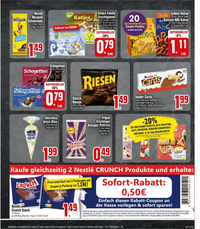 Aktueller Prospekt Edeka - Prospekte - von 02.09 bis 07.09.2024 - strona 9 - produkty: beutel, coupon, katjes, keks, kekse, Kinder, leibniz, nesquik, rabatt-coupon, schogetten, snack, Ti, waffeln