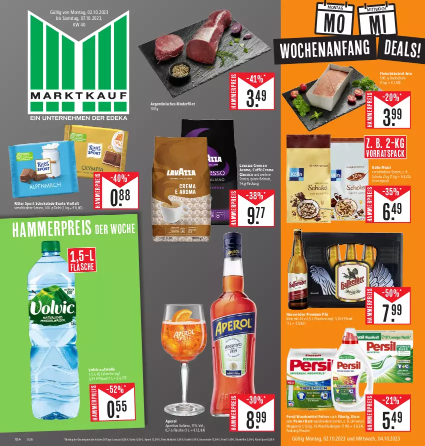 Aktueller Prospekt Edeka - Angebote der Woche - von 02.10 bis 07.10.2023 - strona 1 - produkty: aperol, bohne, bohnen, caffè crema, classico, eis, elle, filet, flasche, fleisch, hasseröder, kölln, lavazza, megaperls, müsli, natur, persil, persil waschmittel, pet-flasche, pils, premium pils, reis, rel, rind, rinder, rinderfilet, ritter, ritter sport, Schal, Schale, schoko, schokolade, Sport, Ti, universal megaperls, volvic, waschmittel, ZTE