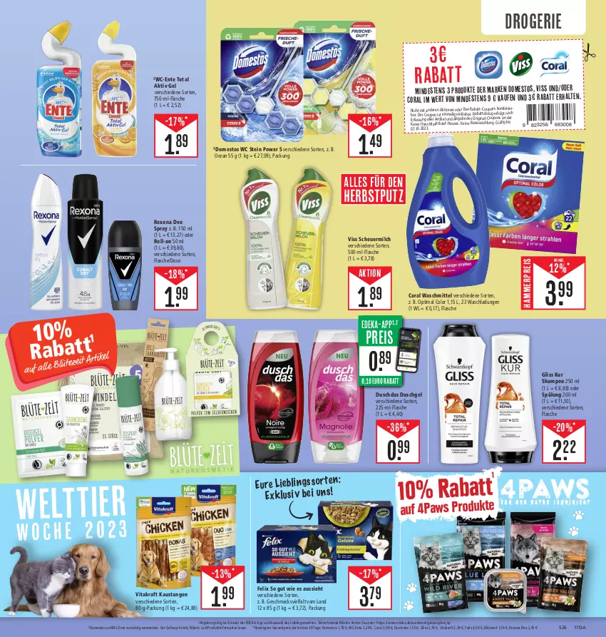 Aktueller Prospekt Edeka - Angebote der Woche - von 02.10 bis 07.10.2023 - strona 17 - produkty: aktiv gel, angebot, aust, Blüte, Coral, coupon, coupons, deka, deo, deo spray, domestos, duschdas, duschgel, eis, ente, felix, flasche, gin, gliss, gliss kur, Heu, kraft, LG, mac, milch, nuss, rabatt-coupon, Rauch, reis, rexona, roll-on, rwe, scheuermilch, shampoo, shampoo 250 ml, spülung, spülung 200 ml, Ti, vita, vitakraft, waschmittel, ZTE