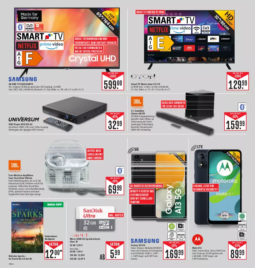 Aktueller Prospekt Edeka - Angebote der Woche - von 02.10 bis 07.10.2023 - strona 18 - produkty: adapter, akku, buch, buch-tipp, cin, deo, dvd, eis, elle, frontkamera, HDMI, HP, kamera, kopfhörer, lack, Nuance, reis, rel, schnellladefunktion, soundbar, spee, speicherkarte, Spezi, Subwoofer, telefon, Ti, uhd, UHD-TV, usb, wasser