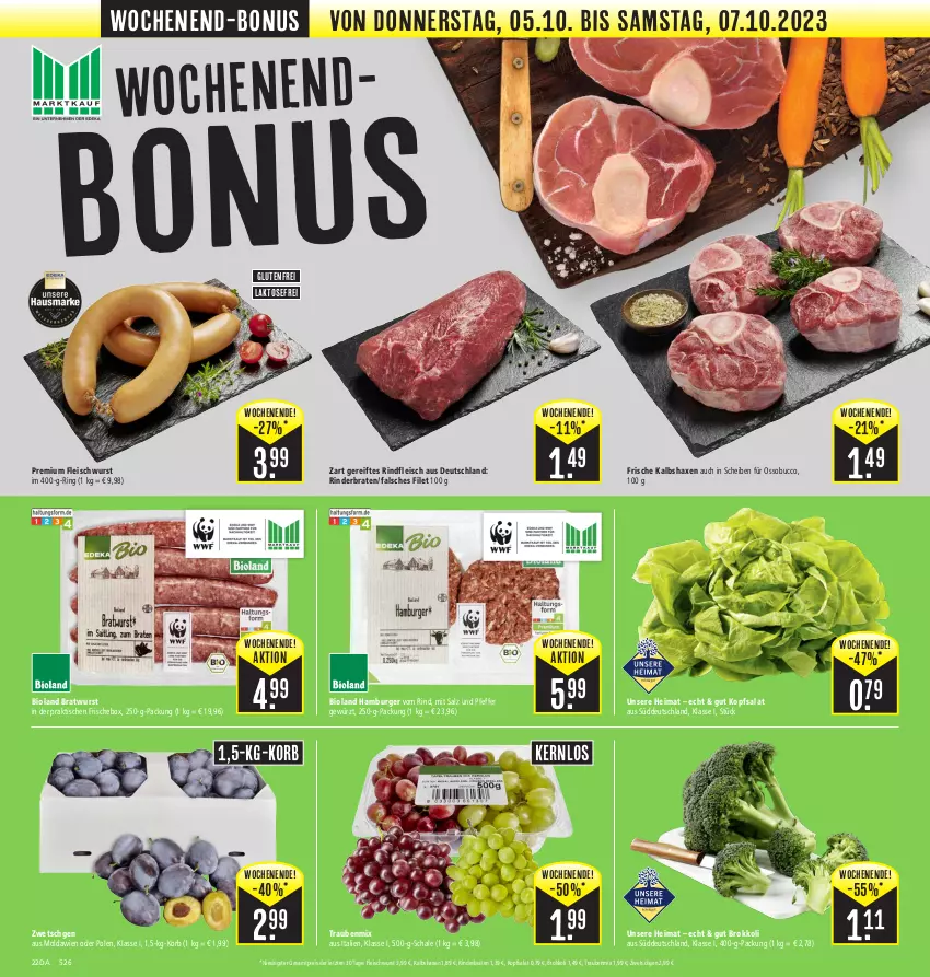 Aktueller Prospekt Edeka - Angebote der Woche - von 02.10 bis 07.10.2023 - strona 22 - produkty: axe, bio, bioland, braten, bratwurst, brokkoli, burger, eis, Falsches Filet, filet, fleisch, fleischwurst, gewürz, hamburger, Haxe, Kalbshaxe, kopfsalat, korb, pfeffer, reis, rind, rinder, rinderbraten, rindfleisch, ring, salat, salz, Schal, Schale, Ti, tisch, trauben, wurst, ZTE