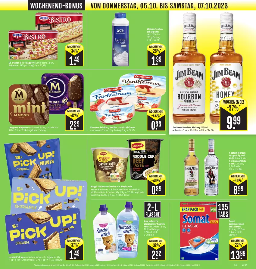 Aktueller Prospekt Edeka - Angebote der Woche - von 02.10 bis 07.10.2023 - strona 23 - produkty: baguette, Becher, beef, Bistro Baguette, bourbon, bourbon whiskey, Brei, Cap, captain morgan, Dr. Oetker, ehrmann, eis, flasche, früchte, gin, jim beam, kartoffel, kartoffelbrei, Kuschelweich, langnese, leibniz, maggi, magnum, mit röstzwiebeln, original spiced gold, reis, röstzwiebeln, rum, salakis, schlagrahm, somat, spülmaschinen, terrine, Ti, vanille, weichspüler, weihenstephan, whiskey, white rum, ZTE, zwiebel, zwiebeln