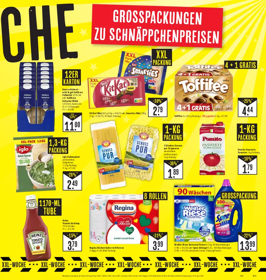 Aktueller Prospekt Edeka - Angebote der Woche - von 02.10 bis 07.10.2023 - strona 3 - produkty: eis, flasche, gin, heinz, iglo, ketchup, Kit Kat, küche, Küchen, küchentücher, milch, nuss, pomito, reis, schnäppchen, smarties, spee, spinat, teigwaren, Ti, toffifee, tomate, tomaten, tomato ketchup, tücher, universal pulver, vollmilch, ZTE