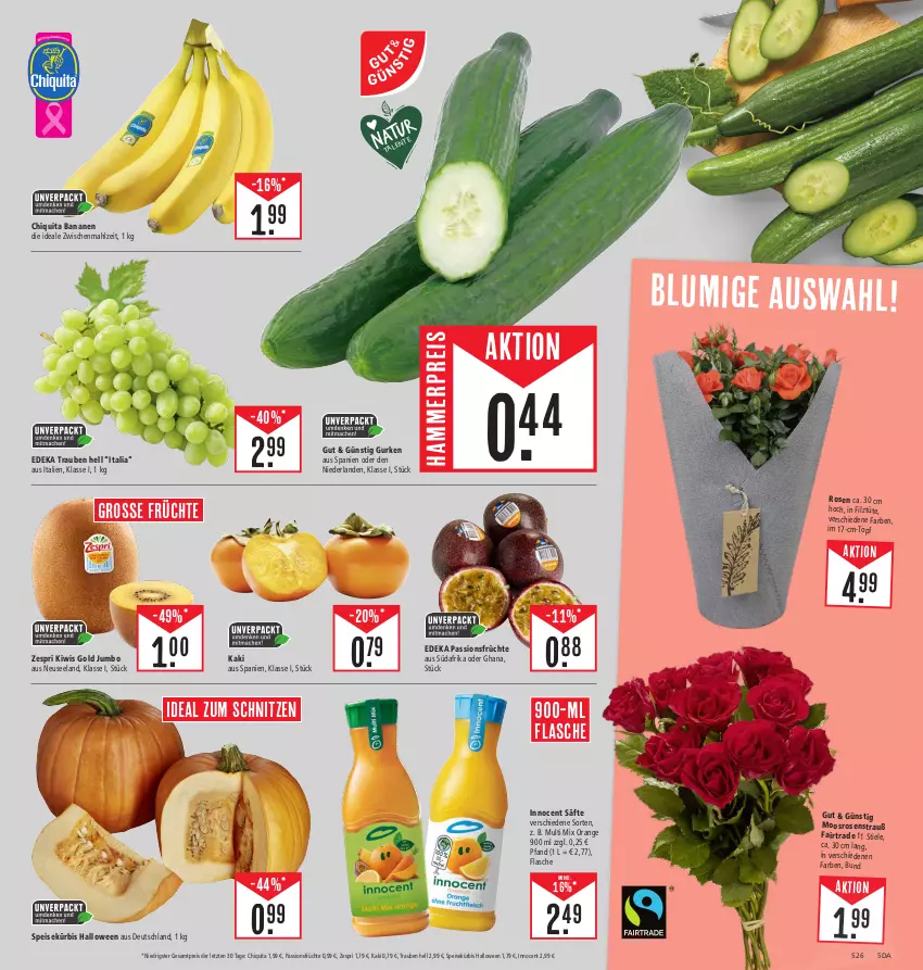 Aktueller Prospekt Edeka - Angebote der Woche - von 02.10 bis 07.10.2023 - strona 5 - produkty: banane, bananen, chiquita, deka, eis, Elan, flasche, früchte, gurke, gurken, Innocent, jumbo, Kaki, kiwi, Kürbis, orange, reis, rosen, Rosenstrauß, säfte, Ti, topf, trauben, Tüte, zespri, ZTE