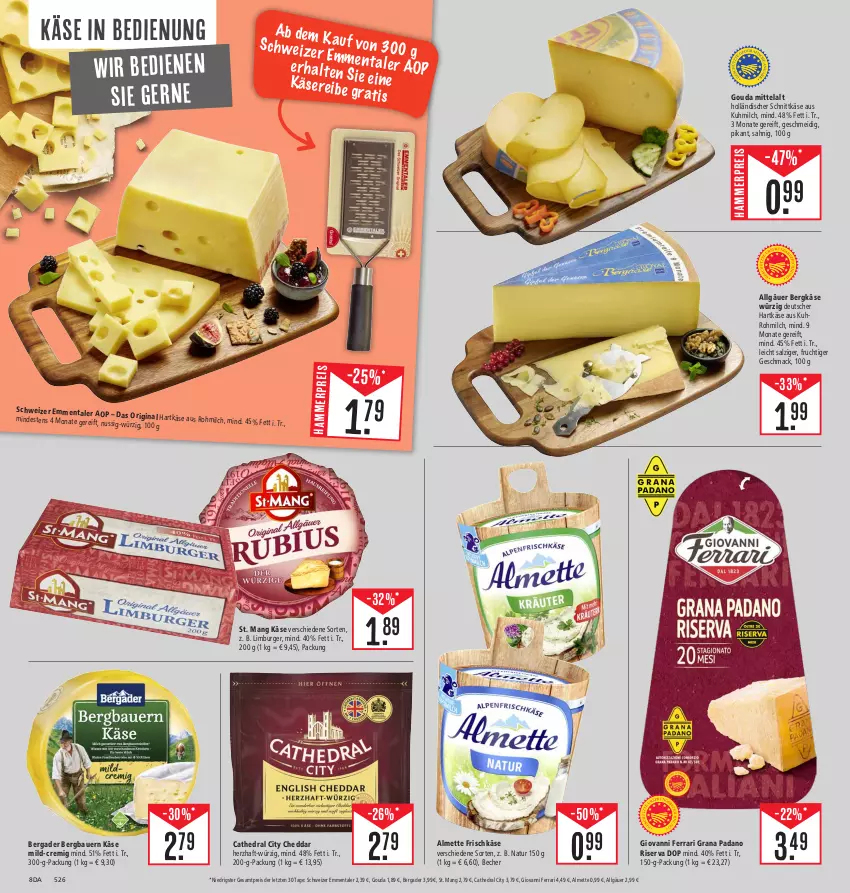 Aktueller Prospekt Edeka - Angebote der Woche - von 02.10 bis 07.10.2023 - strona 8 - produkty: almette, auer, Bau, Bauer, Becher, bergader, Bergkäse, burger, cheddar, eis, emmentaler, frischkäse, frucht, gin, gouda, grana, grana padano, hartkäse, holländischer schnittkäse, Käse, LG, Limburger, mac, Mett, milch, natur, nuss, padano, Rana, reis, riserva, salz, schnittkäse, St. Mang, Ti, uhr, ZTE