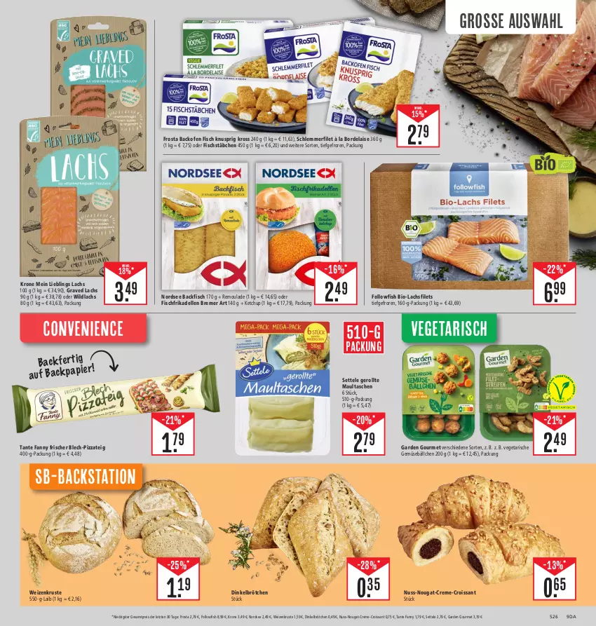 Aktueller Prospekt Edeka - Angebote der Woche - von 02.10 bis 07.10.2023 - strona 9 - produkty: à la bordelaise, backfisch, backofen, backofen fisch, bio, bordelaise, brötchen, creme, Croissant, dell, dinkelbrötchen, eis, elle, filet, filets, fisch, fischstäbchen, followfish, frikadellen, frosta, garden gourmet, Graved Lachs, ketchup, krone, lachs, lachsfilet, lachsfilets, maultaschen, Nordsee, nuss, nuss-nougat-creme, Ofen, pizza, Pizzateig, reis, remoulade, schlemmerfilet, settele, tante fanny, Tasche, taschen, Ti, Vegeta, Wild, wildlachs, ZTE