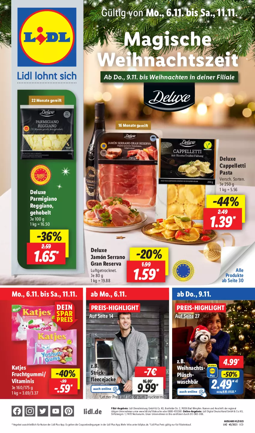 Aktueller Prospekt Lidl - Aktionsprospekt - von 06.11 bis 11.11.2023 - strona 1 - produkty: angebot, angebote, Bad, bio, Cap, coupon, eis, elle, Fleecejacke, frucht, fruchtgummi, Jacke, jamón serrano, katjes, parmigiano, parmigiano reggiano, pasta, Plüsch, preisvorteil, reggiano, reis, serrano, Strickfleecejacke, Ti, vita, weihnachten, ZTE