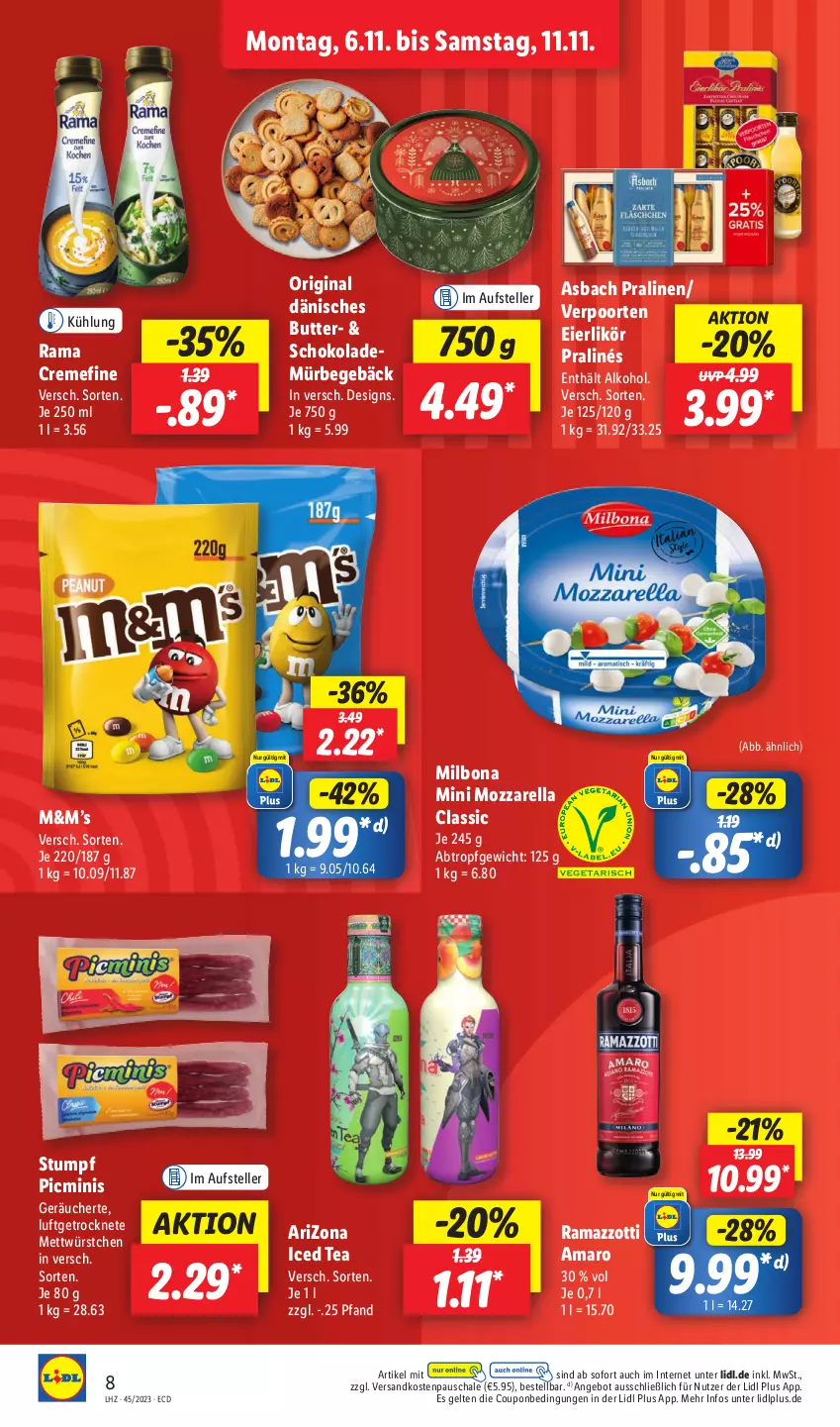 Aktueller Prospekt Lidl - Aktionsprospekt - von 06.11 bis 11.11.2023 - strona 10 - produkty: alkohol, amaro, angebot, Bona, butter, coupon, creme, eier, eierlikör, elle, gin, likör, Mett, Milbona, mozzarella, ndk, pralinen, rama, rama cremefine, ramazzott, ramazzotti, rel, Schal, Schale, schoko, schokolade, teller, Ti, verpoorten, würstchen, zott