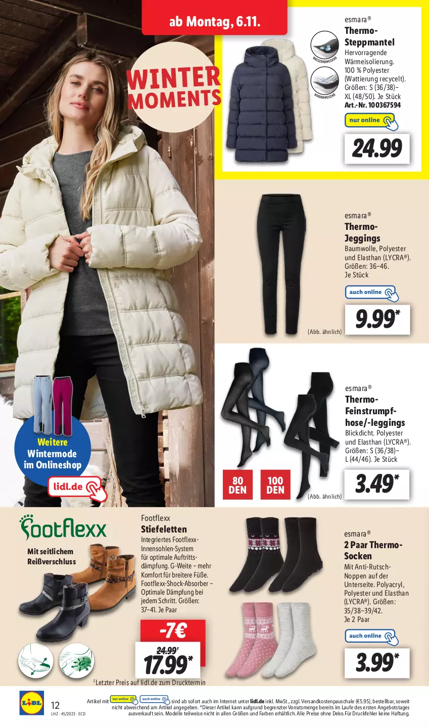 Aktueller Prospekt Lidl - Aktionsprospekt - von 06.11 bis 11.11.2023 - strona 18 - produkty: angebot, Bau, baumwolle, Brei, dell, eis, elle, esmara, gin, hose, leggings, Mantel, Mode, ndk, reis, rum, Schal, Schale, socken, Steppmante, Stiefeletten, Strumpfhose, Ti, wolle, ZTE