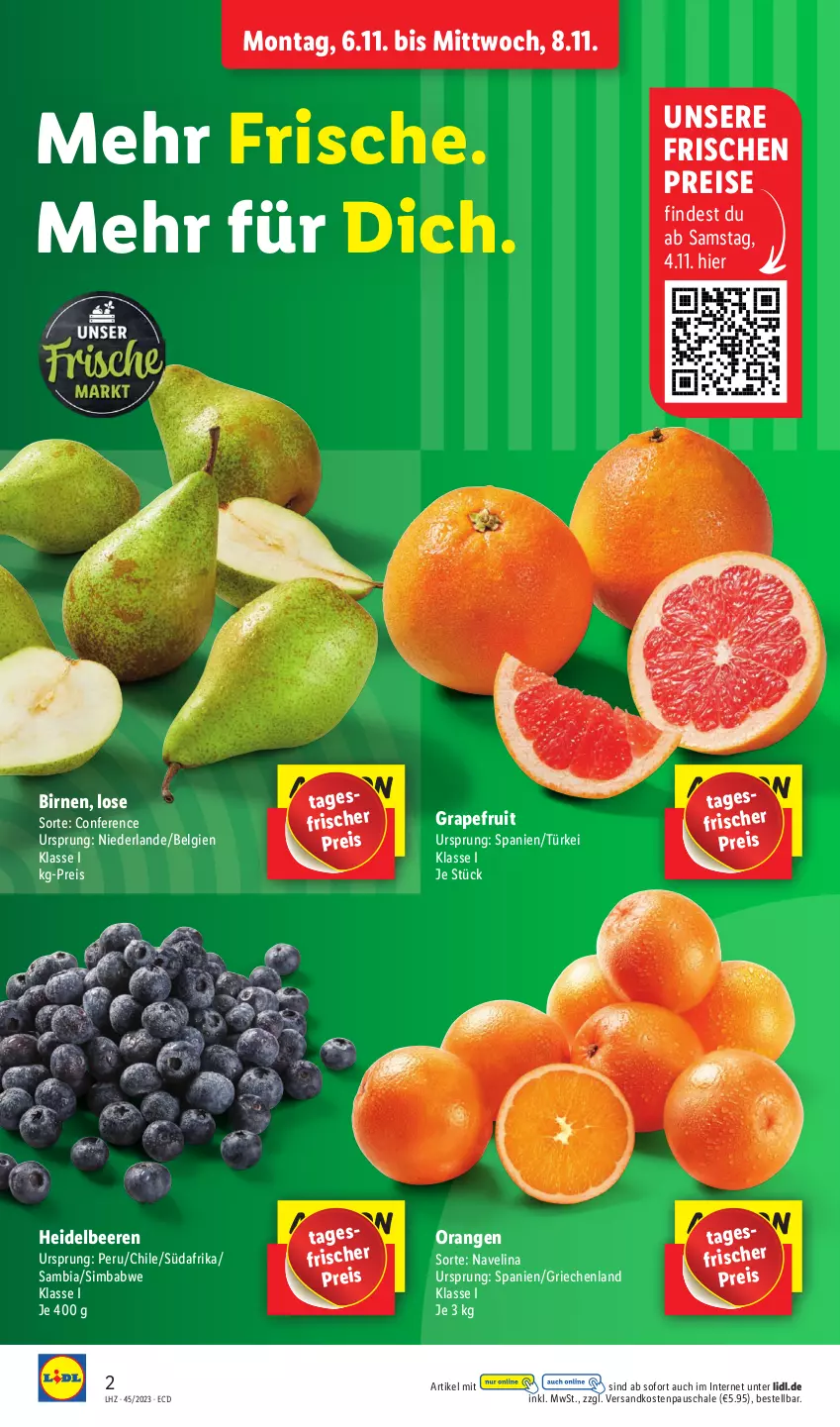 Aktueller Prospekt Lidl - Aktionsprospekt - von 06.11 bis 11.11.2023 - strona 2 - produkty: ambia, beere, beeren, Birnen, eis, grapefruit, heidelbeere, heidelbeeren, LG, navelina, ndk, orange, orangen, reis, Schal, Schale, sim, simba, Ti