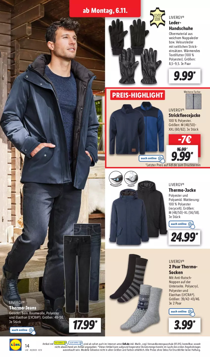 Aktueller Prospekt Lidl - Aktionsprospekt - von 06.11 bis 11.11.2023 - strona 20 - produkty: angebot, Bau, baumwolle, dell, eis, elle, handschuhe, Jacke, jeans, livergy, Mode, ndk, reis, Ria, Schal, Schale, schuhe, socken, Ti, wolle, ZTE