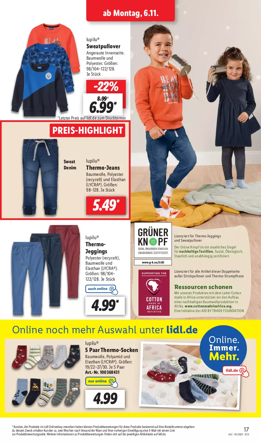 Aktueller Prospekt Lidl - Aktionsprospekt - von 06.11 bis 11.11.2023 - strona 23 - produkty: Bau, baumwolle, eis, gin, hose, jeans, lupilu, Pullover, reis, rum, socken, Strickpullover, Strumpfhose, Ti, weck, wolle, ZTE