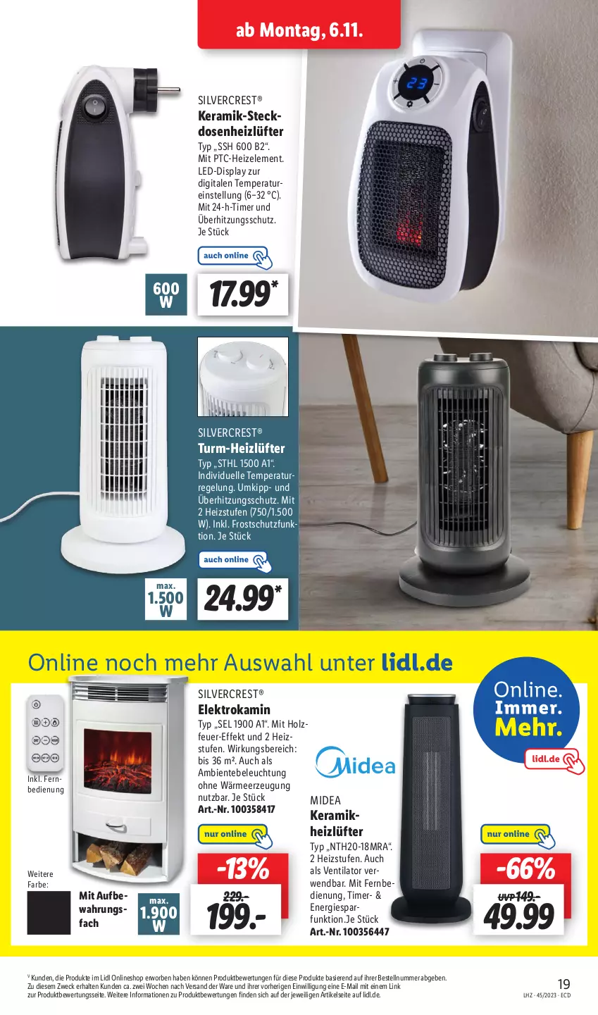 Aktueller Prospekt Lidl - Aktionsprospekt - von 06.11 bis 11.11.2023 - strona 25 - produkty: beleuchtung, Elektro, elle, ente, fernbedienung, Holz, Kamin, mit fernbedienung, rwe, silvercrest, steckdose, Ti, timer, überhitzungsschutz, ventilator, weck