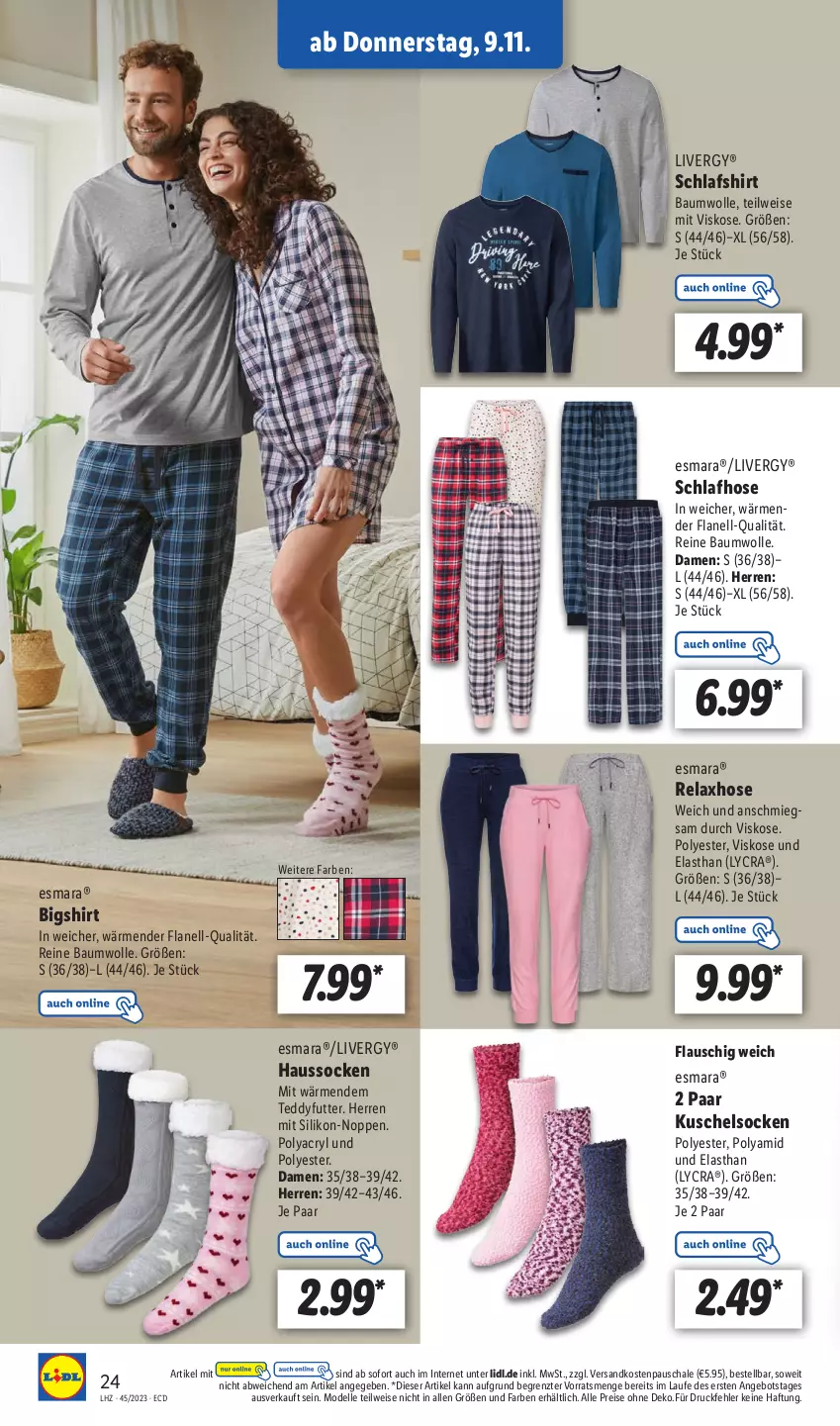 Aktueller Prospekt Lidl - Aktionsprospekt - von 06.11 bis 11.11.2023 - strona 30 - produkty: angebot, Bau, baumwolle, dell, eis, elle, esmara, Haussocken, hose, Kuschelsocken, livergy, Mode, ndk, reine baumwolle, reis, rel, Schal, Schale, Schlafhose, shirt, socken, Ti, wolle, ZTE