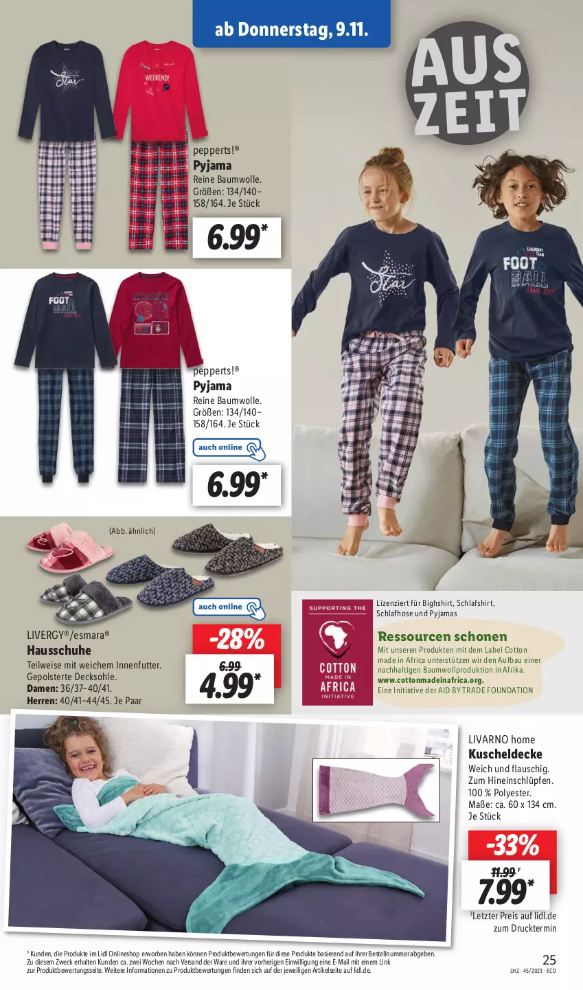 Aktueller Prospekt Lidl - Aktionsprospekt - von 06.11 bis 11.11.2023 - strona 31 - produkty: Bau, baumwolle, decke, decksohle, eis, esmara, Hausschuhe, hose, kuscheldecke, livergy, Pyjama, reine baumwolle, reis, Schlafhose, schuhe, shirt, Ti, weck, wolle, ZTE