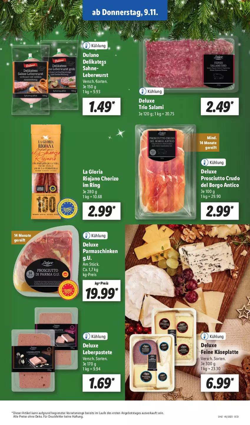 Aktueller Prospekt Lidl - Aktionsprospekt - von 06.11 bis 11.11.2023 - strona 43 - produkty: angebot, chorizo, dulano, eis, Käse, latte, leberwurst, parmaschinken, pastete, prosciutto, prosciutto crudo, reis, Ria, ring, rioja, sahne, salami, schinken, Ti, wurst, ZTE