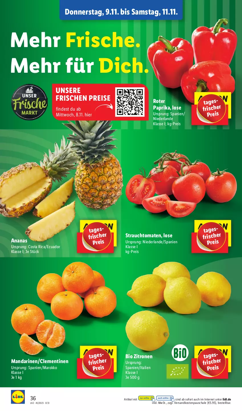 Aktueller Prospekt Lidl - Aktionsprospekt - von 06.11 bis 11.11.2023 - strona 44 - produkty: ananas, bio, clementinen, eis, mandarine, mandarinen, ndk, paprika, Rauch, reis, sana, Schal, Schale, strauchtomaten, Ti, tomate, tomaten, zitrone, zitronen