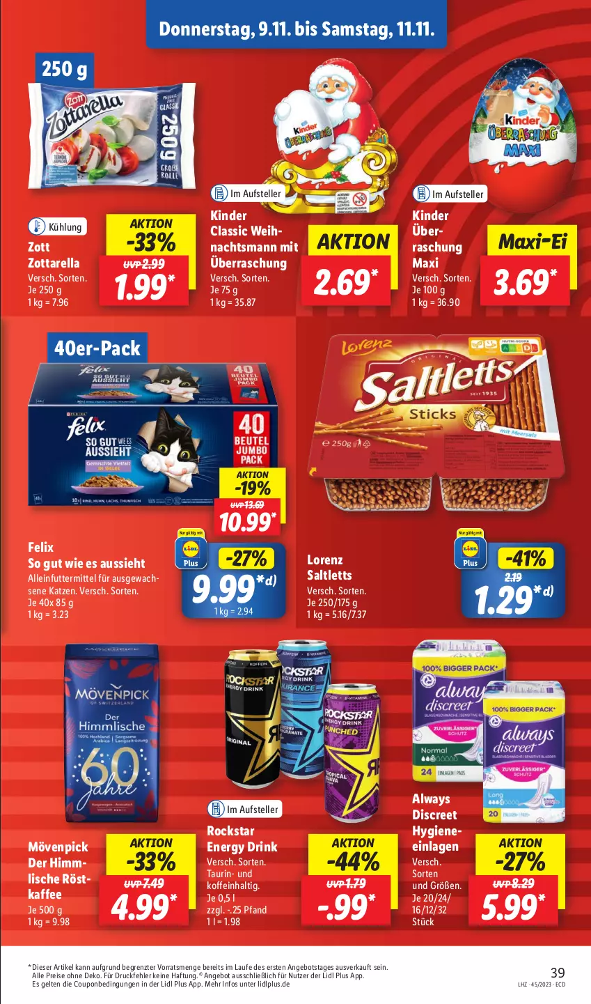 Aktueller Prospekt Lidl - Aktionsprospekt - von 06.11 bis 11.11.2023 - strona 47 - produkty: alleinfuttermittel, Alwa, Always, angebot, coupon, Discreet, drink, eis, elle, energy drink, felix, kaffee, Kinder, lorenz, mövenpick, reis, rel, Rockstar, röstkaffee, saltletts, teller, Ti, zott, zottarella, ZTE