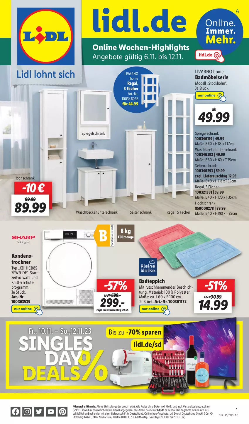 Aktueller Prospekt Lidl - Aktionsprospekt - von 06.11 bis 11.11.2023 - strona 51 - produkty: angebot, angebote, Bad, Badmöbel, badteppich, Beckenunterschrank, dell, eis, elle, hochschrank, möbel, Mode, ndk, regal, reis, rel, Ria, rum, Schal, Schale, Schrank, Seitenschrank, Spektrum, spiegel, spiegelschrank, telefon, teppich, Ti, Trockner, uhr, unterschrank, waschbecken, waschbeckenunterschrank