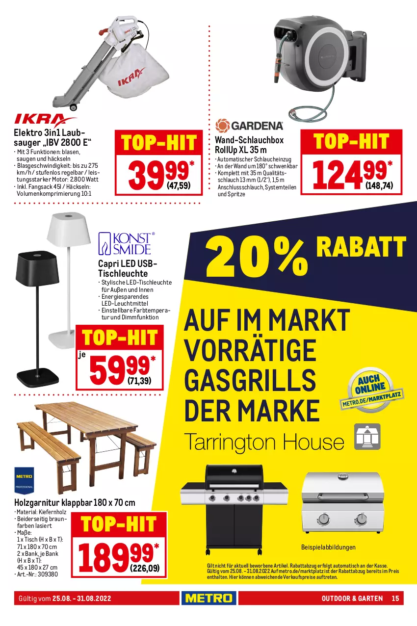 Aktueller Prospekt Metro - NonFood - von 25.08 bis 31.08.2022 - strona 15 - produkty: abdeckhaube, auto, Bank, beispielabbildung, braun, briketts, Cap, edelstahl, eis, Elektro, elle, erde, garnitur, Garten, gasgrill, grill, grillfläche, grillrost, Grillzubehör, heinz, Holz, Kocher, Laubsauger, led-tischleuchte, Leuchte, leuchtmittel, LG, Metro, reis, Ria, sac, schlauch, teller, Ti, tisch, tischleuchte, top-hit, usb