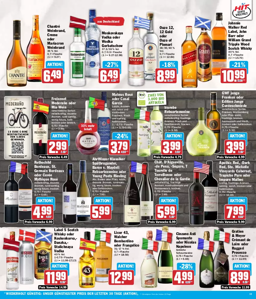 Aktueller Prospekt Hit - Wochenprospekt - von 24.06 bis 29.06.2024 - strona 13 - produkty: asti, Bad, bio, cabernet, casal garcia, chantré, cin, cinzano, Cinzano Asti, cola, crémant de loire, creme, cuvée, dell, E-Bike, ecco, eis, elle, ente, finesse, flasche, frangelico, freixenet, frucht, früchte, früchten, Germ, Gorbatschow, gutschein, John Barr, johnnie walker, licor, licor 43, mariacron, mateus, moskovskaya, Omep, ouzo, ouzo 12, prosecco, puma, rebsortenweine, reis, rel, Ria, riesling, scotch, scotch whisky, spumante, Ti, tisch, vodka, wein, weinbrand, weine, whisky, wodka, Yo, ZTE