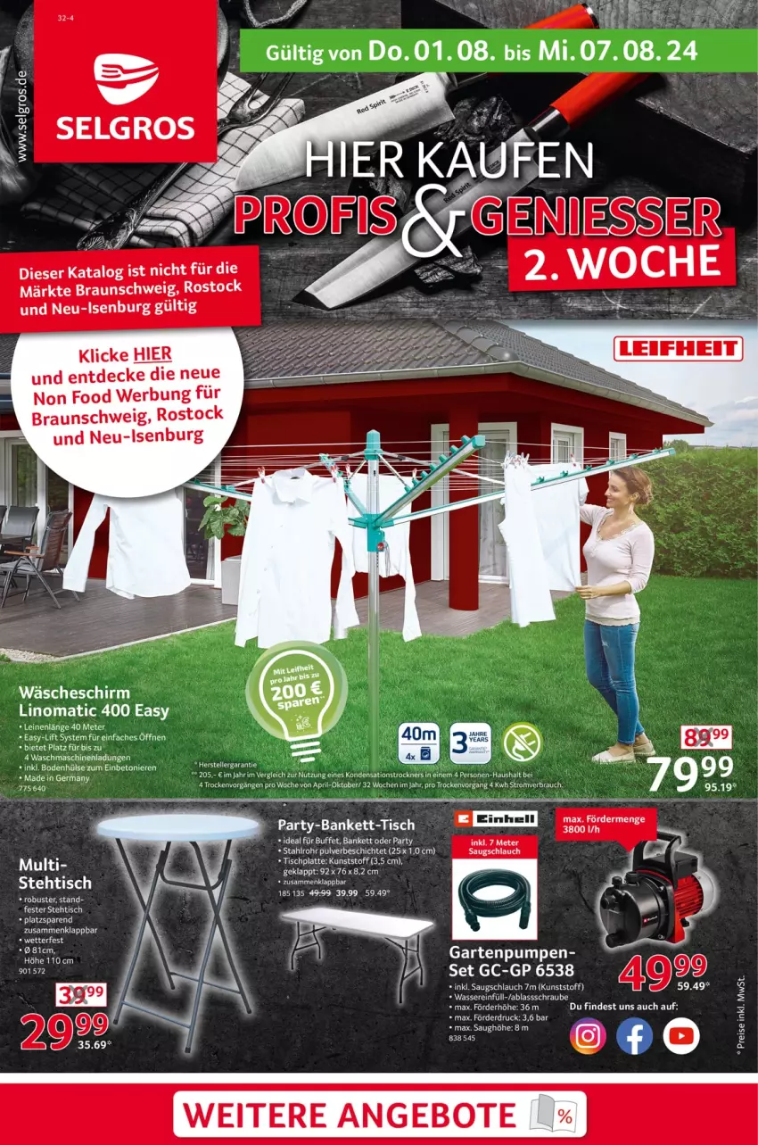 Aktueller Prospekt Selgros - Non Food - von 01.08 bis 07.08.2024 - strona 1 - produkty: angebot, angebote, Bank, braun, decke, einhell, elle, Garten, Gartenpumpe, Germ, HP, latte, leine, LG, pril, Rauch, schlauch, tee, Ti, tisch, tischplatte, Trockner, wäscheschirm, waschmaschine, waschmaschinen, wasser