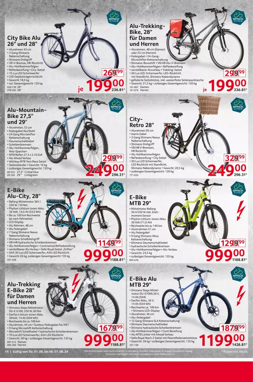 Aktueller Prospekt Selgros - Non Food - von 01.08 bis 07.08.2024 - strona 14 - produkty: akku, Bau, E-Bike, eis, elle, felgen, gabel, Kette, LG, lion, mac, nabendynamo, nexus, reifen, rücklicht, rwe, sattel, sattelstütze, Schal, shimano, Tasche, tee, Ti, wasser