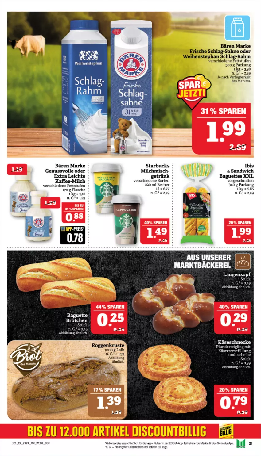 Aktueller Prospekt Marktkauf - Prospekt - von 09.06 bis 15.06.2024 - strona 21 - produkty: aktionspreis, baguette, baguettes, Becher, creme, deka, eis, flasche, getränk, kaffee, Käse, Käseschnecke, milch, nuss, reis, sahne, sandwich, schnitten, starbucks, Ti, weihenstephan