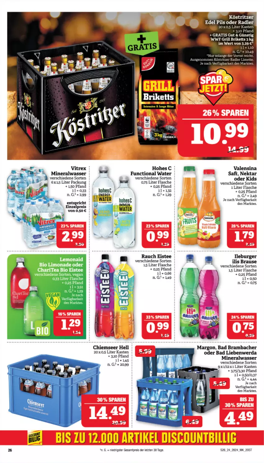 Aktueller Prospekt Marktkauf - Prospekt - von 09.06 bis 15.06.2024 - strona 26 - produkty: Alwa, Bad, Bad Liebenwerda, bio, bio limo, brause, briketts, burger, discount, eis, eistee, flasche, grill, köstritzer, limo, limonade, mineralwasser, Nektar, oder radler, pils, radler, Rauch, reis, saft, tee, Ti, valensina, vitrex, wasser, ZTE