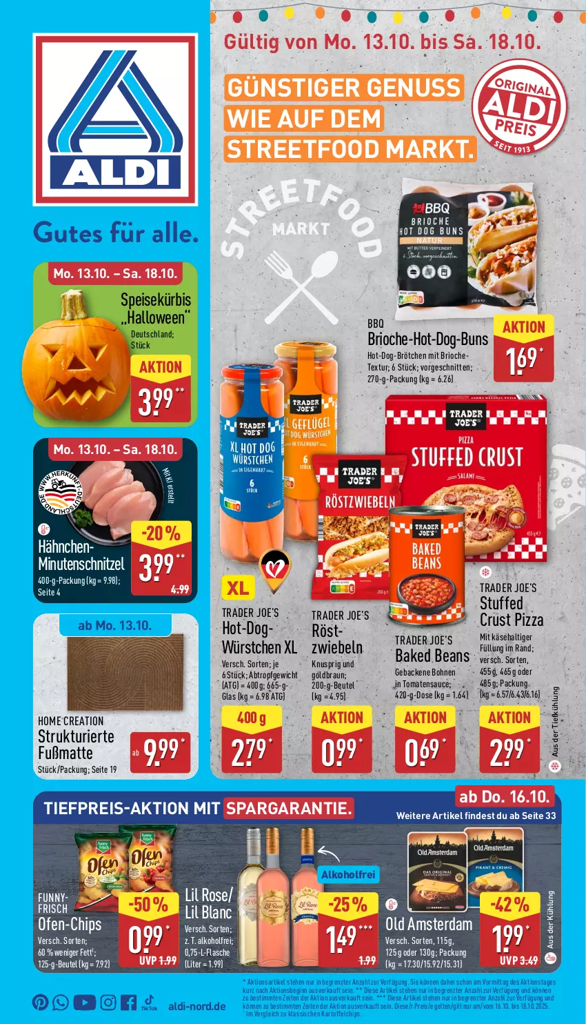 Aktueller Prospekt Aldi Nord - Von Montag - von 13.10 bis 18.10.2025 - strona 1 - produkty: aldi, alkohol, aus der tiefkühlung, beutel, bohne, bohnen, braun, brötchen, chips, eis, flasche, Fußmatte, geback, gin, kartoffel, kartoffelchips, Käse, Kürbis, minutenschnitzel, nuss, Ofen, Old Amsterdam, pizza, reis, sauce, schnitten, schnitzel, Ti, tiefpreis, tomate, tomaten, tomatensauce, würstchen, ZTE, zwiebel, zwiebeln