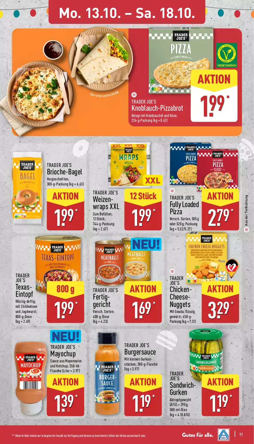 Aktueller Prospekt Aldi Nord - Von Montag - von 13.10 bis 18.10.2025 - strona 11 - produkty: aus der tiefkühlung, Bagel, bohne, bohnen, brot, burger, chili, eintopf, flasche, gewürz, gouda, gurke, gurken, jagdwurst, Käse, ketchup, knoblauch, leine, mayonnaise, mit gouda, mit knoblauch, nuggets, pizza, sandwich, sauce, schnitten, Ti, topf, wrap, wraps, wurst, Yo, ZTE