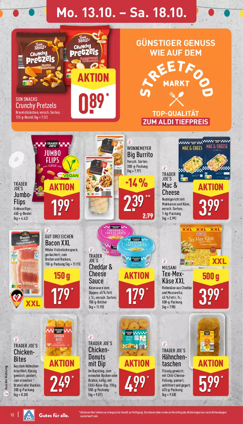 Aktueller Prospekt Aldi Nord - Von Montag - von 13.10 bis 18.10.2025 - strona 12 - produkty: aldi, bacon, Becher, beutel, bites, braten, brezel, brustfilet, cheddar, chili, dip, Donut, donuts, eis, erdnuss, filet, Frühstücksspeck, gewürz, gin, jumbo, Käse, LG, mac, mozzarella, nudel, Nudelgericht, nuss, Pretzel, Reibekäse, reis, rel, sauce, snack, snacks, Speck, Sun Snacks, Tasche, taschen, Ti, tiefpreis, ZTE