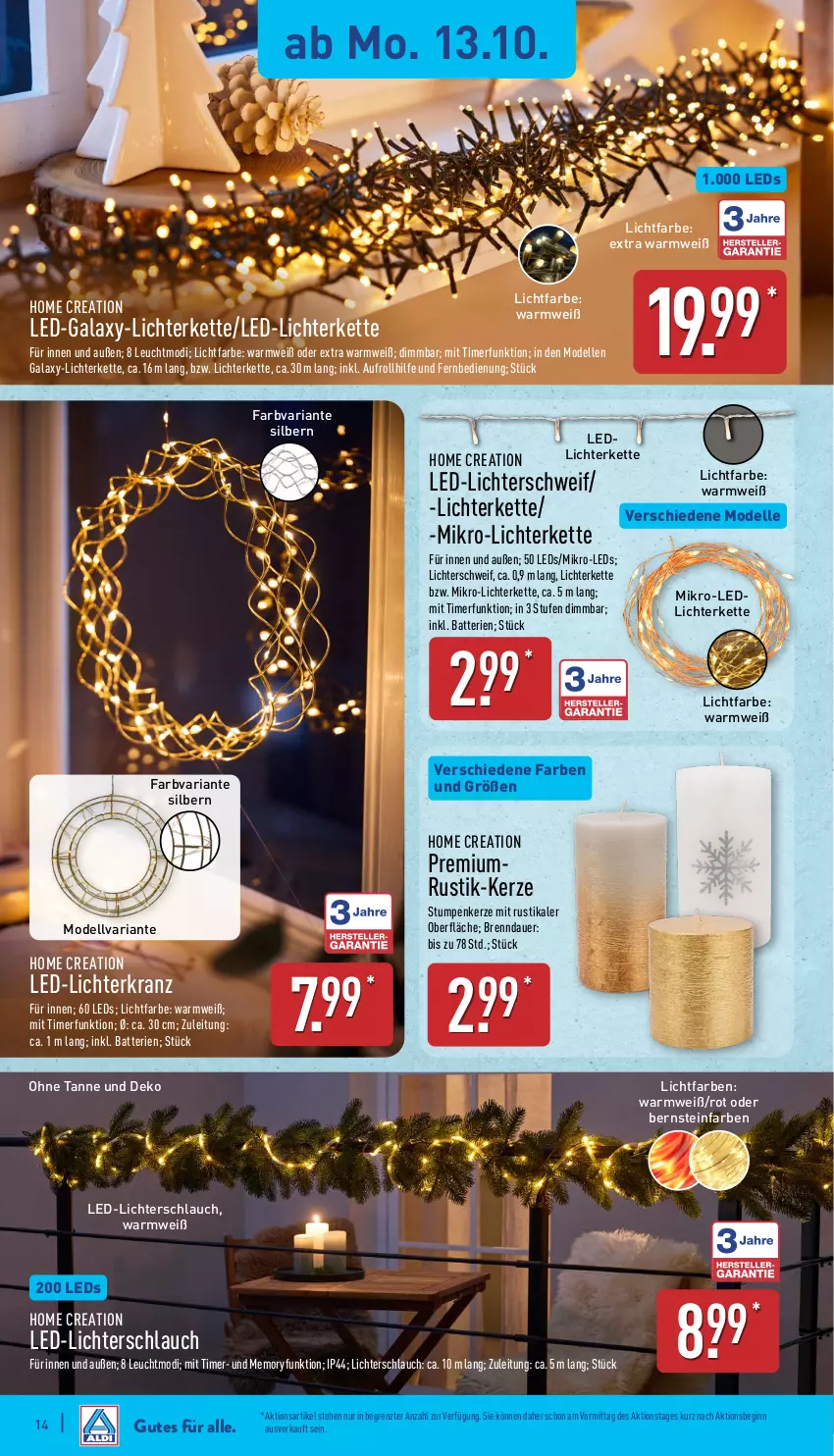 Aktueller Prospekt Aldi Nord - Von Montag - von 13.10 bis 18.10.2025 - strona 14 - produkty: auer, batterie, batterien, dell, elle, fernbedienung, gin, kerze, Kette, Kranz, led-licht, leds, lichterkette, Mode, Ria, schlauch, Ti, timer, ZTE