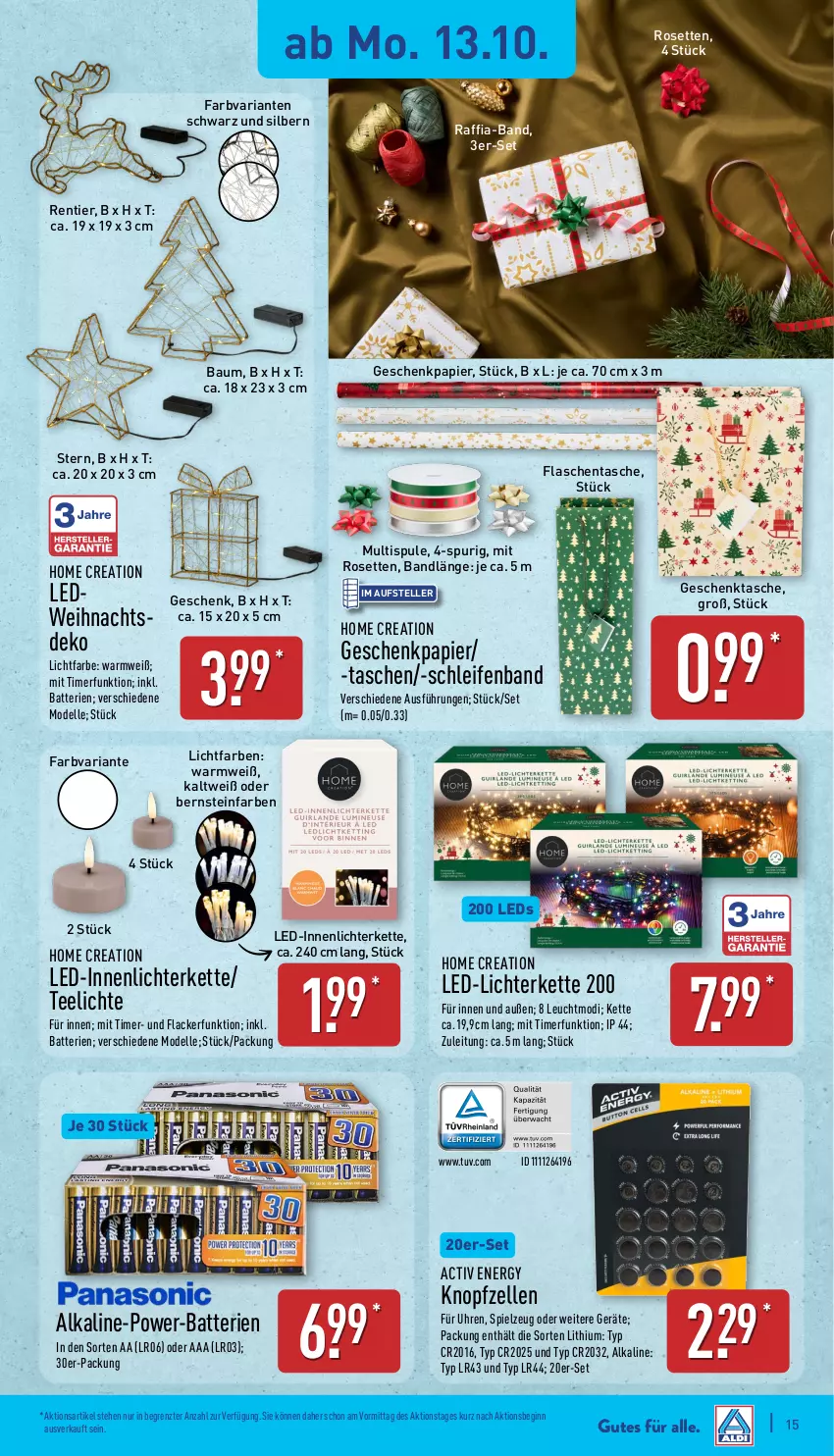Aktueller Prospekt Aldi Nord - Von Montag - von 13.10 bis 18.10.2025 - strona 15 - produkty: batterie, batterien, Bau, dell, elle, flasche, Geschenkpapier, Geschenktasche, gin, Kette, lack, Lacke, led-licht, leds, lichterkette, Mode, papier, Ria, spielzeug, Tasche, taschen, tee, Teelicht, teelichte, teller, Ti, timer, uhr, ZTE