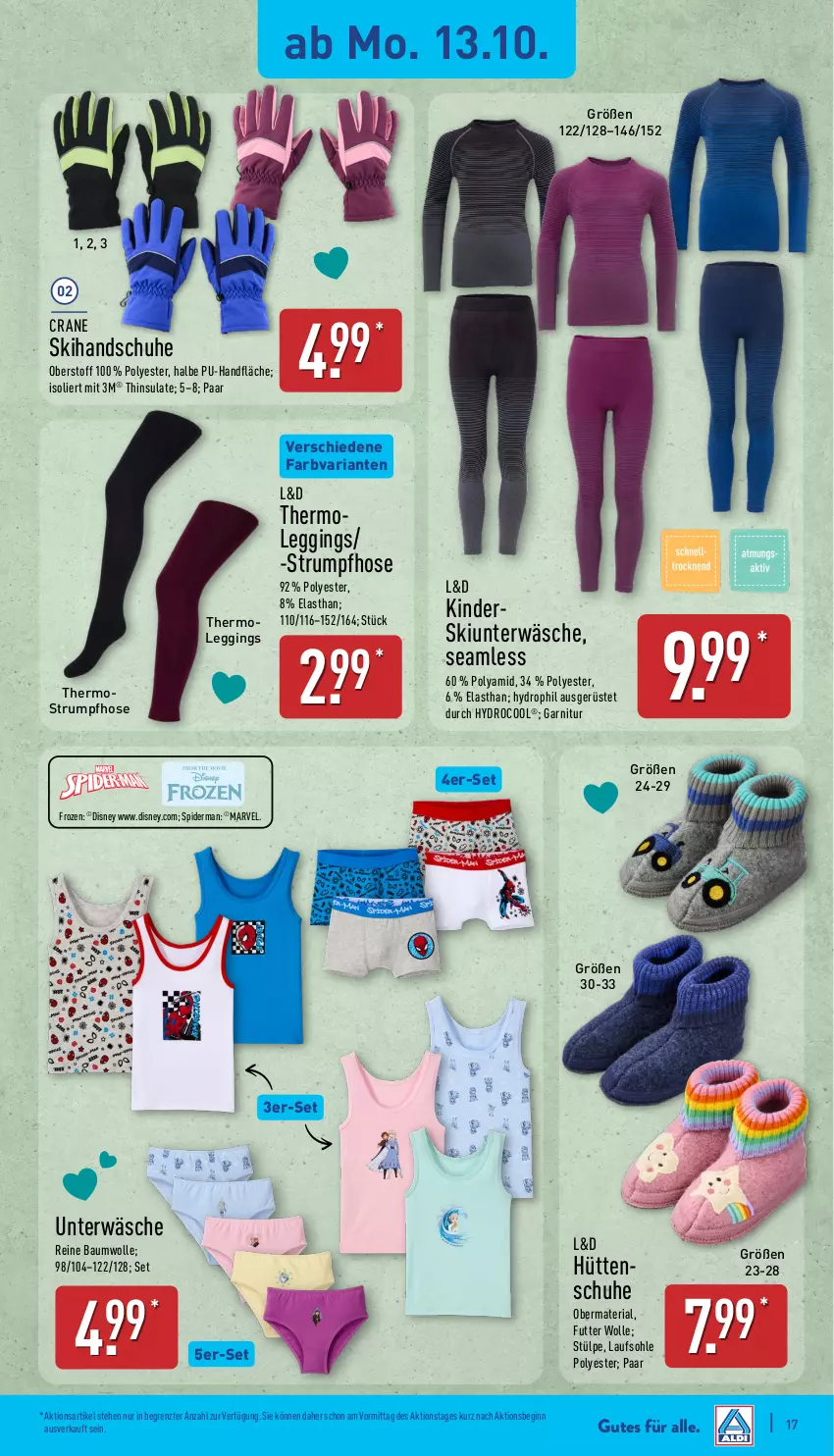 Aktueller Prospekt Aldi Nord - Von Montag - von 13.10 bis 18.10.2025 - strona 17 - produkty: Bau, baumwolle, disney, garnitur, gin, handschuhe, hose, Kinder, leggings, reine baumwolle, Ria, rum, schuhe, Skihandschuhe, Sport, Strumpfhose, Thermoleggings, Thermostrumpfhose, Ti, Unterwäsche, wolle, ZTE