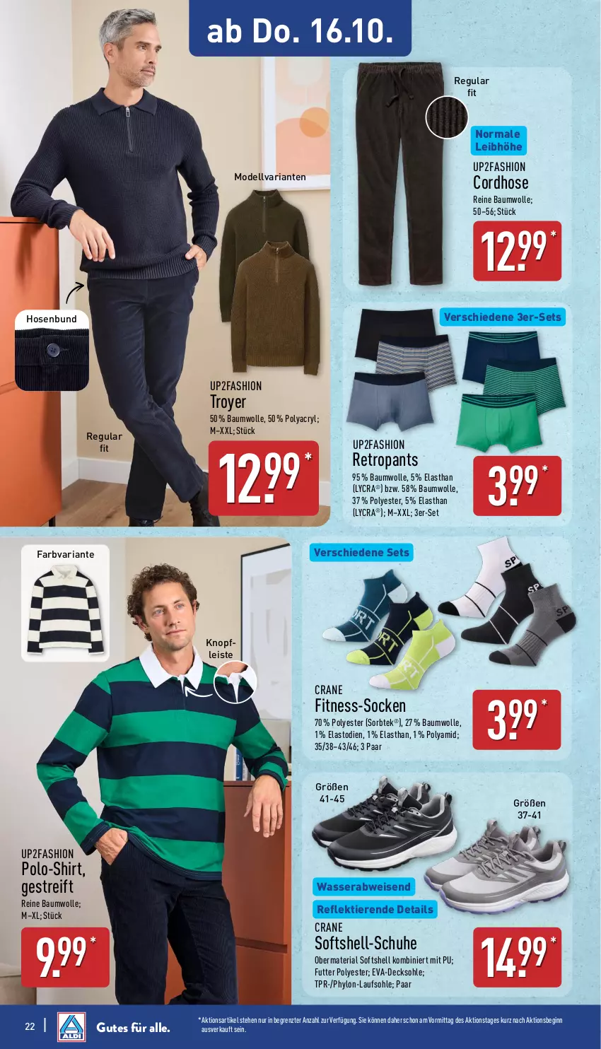Aktueller Prospekt Aldi Nord - Von Montag - von 13.10 bis 18.10.2025 - strona 22 - produkty: Bau, baumwolle, decksohle, dell, eis, gin, hose, hosen, Hylo, Mode, Pants, Polo-Shirt, reine baumwolle, Retropants, Ria, schuhe, shirt, socken, Ti, Tiere, up2fashion, wasser, wolle, ZTE