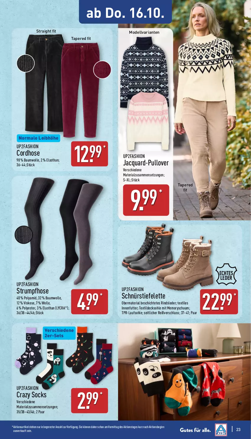 Aktueller Prospekt Aldi Nord - Von Montag - von 13.10 bis 18.10.2025 - strona 23 - produkty: Bau, baumwolle, decksohle, dell, gin, hose, Mode, Pullover, Ria, rind, rum, Schnürstiefel, Strumpfhose, Ti, up2fashion, wolle, ZTE
