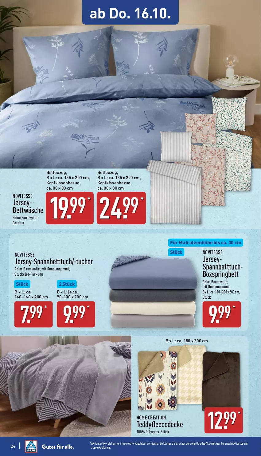 Aktueller Prospekt Aldi Nord - Von Montag - von 13.10 bis 18.10.2025 - strona 24 - produkty: Bau, baumwolle, bett, Betttuch, bettwäsche, boxspringbett, decke, fleecedecke, garnitur, gin, jersey-spannbetttuch, kissen, Kissenbezug, kopfkissen, kopfkissenbezug, matratze, matratzen, reine baumwolle, ring, spannbetttuch, Ti, tuc, tücher, wolle, ZTE