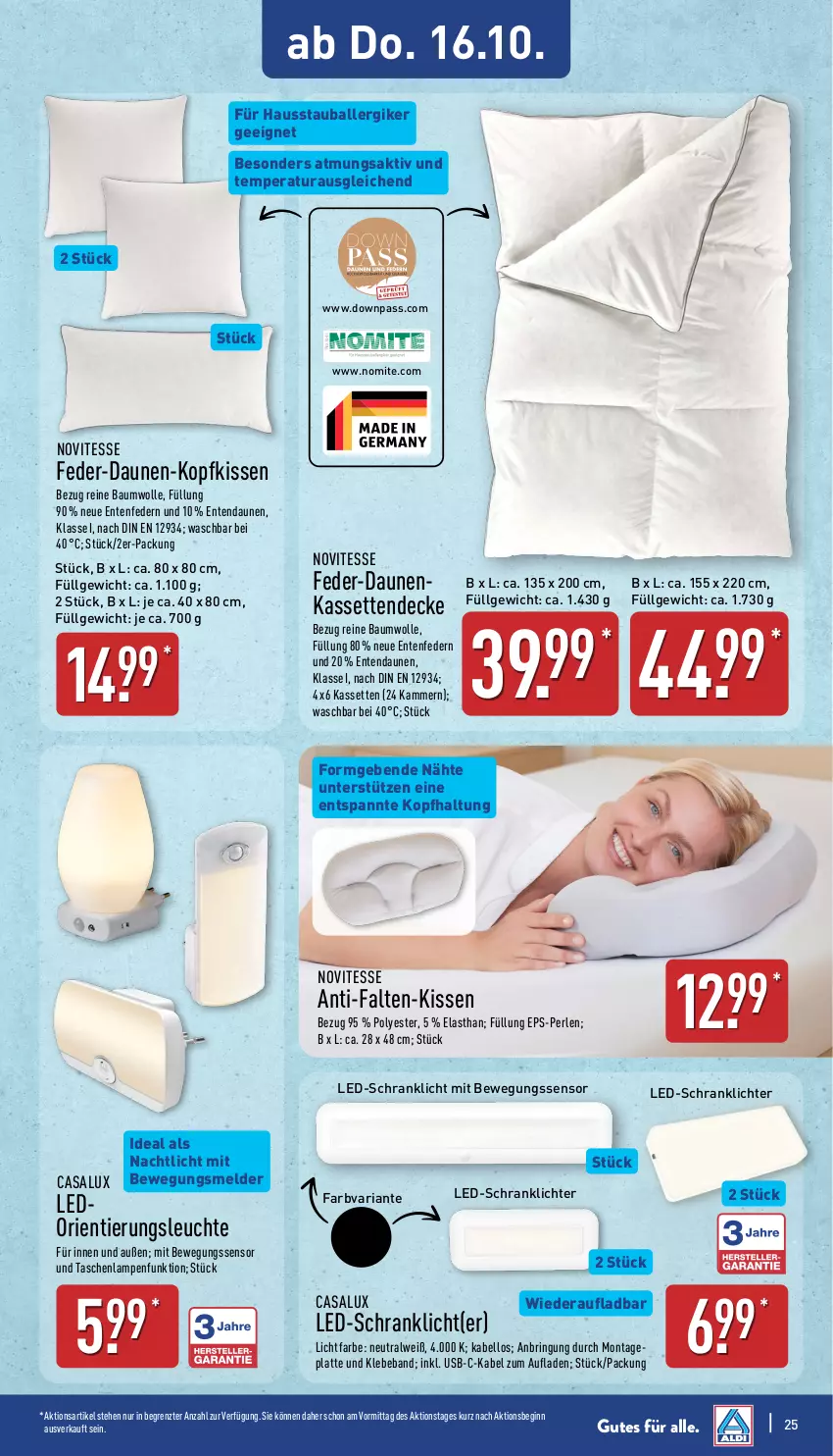 Aktueller Prospekt Aldi Nord - Von Montag - von 13.10 bis 18.10.2025 - strona 25 - produkty: ball, Bau, baumwolle, Beba, Bewegungssensor, decke, ente, gin, Kassettendecke, kissen, kopfkissen, Lampe, latte, Leuchte, LG, Nachtlicht, perlen, reine baumwolle, Ria, ring, Schrank, Tasche, taschen, taschenlampe, Ti, usb, wolle, ZTE