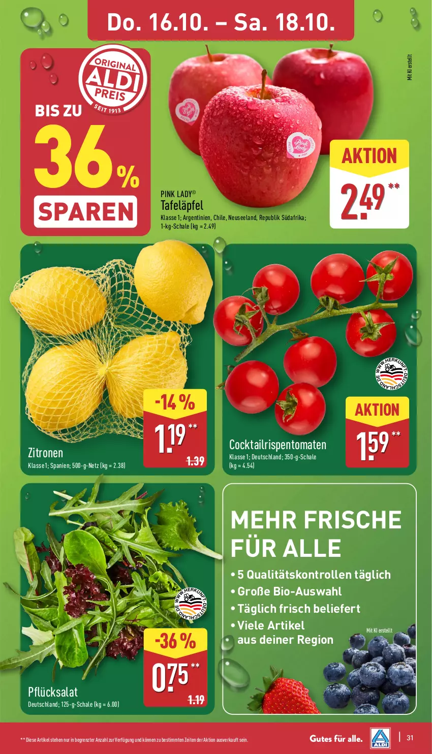 Aktueller Prospekt Aldi Nord - Von Montag - von 13.10 bis 18.10.2025 - strona 31 - produkty: bio, cocktail, Elan, Pink Lady, rispentomaten, salat, Schal, Schale, tafeläpfel, Ti, tomate, tomaten, zitrone, zitronen, ZTE