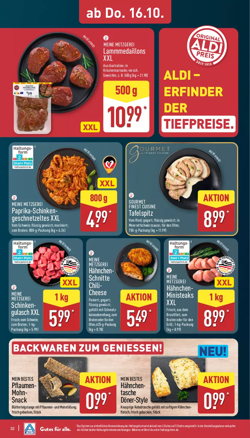 Aktueller Prospekt Aldi Nord - Von Montag - von 13.10 bis 18.10.2025 - strona 32 - produkty: aldi, aust, backwaren, bio, blätterteig, braten, brustfilet, chili, eis, filet, fleisch, geback, geschnetzeltes, gewürz, grill, gulasch, Käse, kräuter, lamm, marinade, medaillons, meerrettich, Ofen, paprika, pflaume, pflaumen, reis, Rettich, rind, saft, sauce, schinken, schwein, snack, steak, steaks, tafelspitz, Tasche, Ti, tiefpreis, wein, würzsauce, Zelt