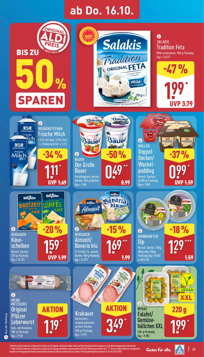 Aktueller Prospekt Aldi Nord - Von Montag - von 13.10 bis 18.10.2025 - strona 33 - produkty: auer, Bau, Bauer, bavaria blu, Becher, bergader, decke, dip, eis, Falafel, feta, frische milch, frucht, fruchtjoghurt, gin, joghur, joghurt, Käse, krakauer, kräuter, kräutern, leberwurst, milch, Müller, pudding, reis, Ria, salakis, Ti, tisch, weihenstephan, wurst, ZTE