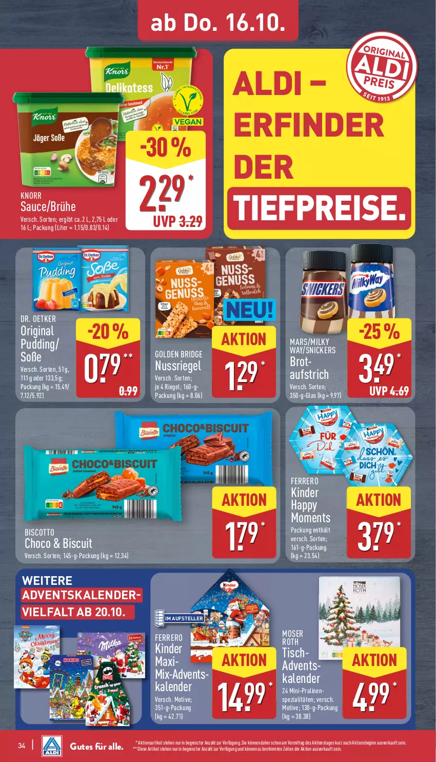 Aktueller Prospekt Aldi Nord - Von Montag - von 13.10 bis 18.10.2025 - strona 34 - produkty: Adventskalender, aldi, aufstrich, biscotto, brot, Brühe, Dr. Oetker, eis, elle, ferrero, gin, Kinder, Kinder Maxi, knorr, mars, milky way, moser, Moser Roth, nuss, nussriegel, pralinen, pudding, reis, riegel, sauce, snickers, Soße, Spezi, teller, Ti, tiefpreis, tisch, ZTE