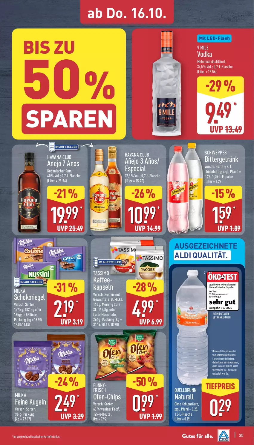 Aktueller Prospekt Aldi Nord - Von Montag - von 13.10 bis 18.10.2025 - strona 35 - produkty: ACC, aldi, Alwa, beutel, chia, chips, eis, elle, erde, flasche, getränk, getränke, Havana Club, kaffee, kartoffel, kartoffelchips, Kugel, latte, latte macchiato, mac, macchiato, milka, mineralwasser, natur, Ofen, Quellbrunn, reis, rel, riegel, rum, schoko, schokoriegel, schweppes, sim, tassimo, teller, Ti, tiefpreis, vodka, wasser