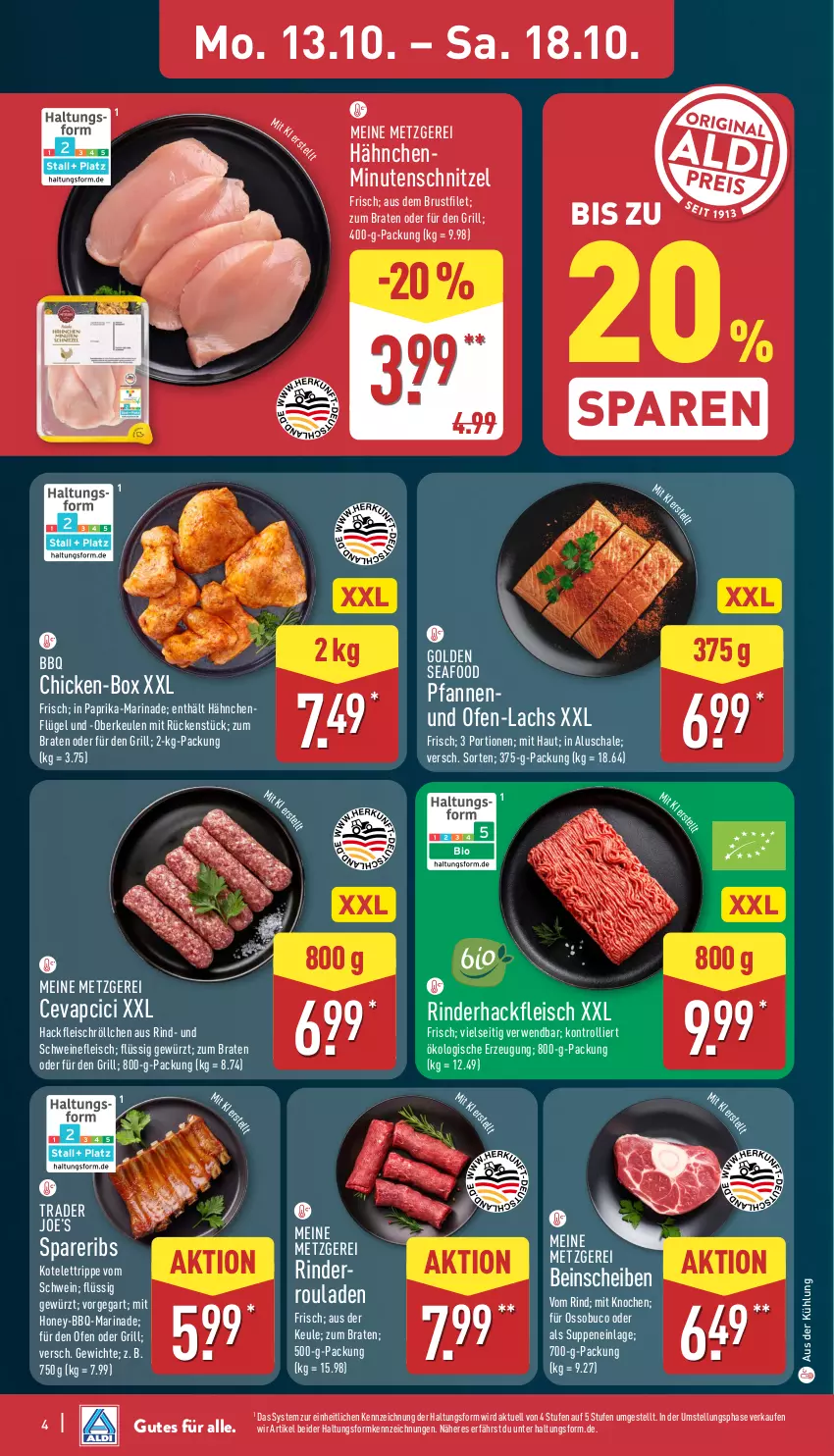 Aktueller Prospekt Aldi Nord - Von Montag - von 13.10 bis 18.10.2025 - strona 4 - produkty: bio, braten, brustfilet, cevapcici, eis, filet, fleisch, gewürz, grill, hackfleisch, hähnchenflügel, kotelett, lachs, marinade, minutenschnitzel, Ofen, paprika, pfanne, pfannen, rind, rinder, rinderhackfleisch, rouladen, rwe, Schal, Schale, schnitzel, schwein, schweine, schweinefleisch, spareribs, suppe, suppen, Ti, trolli, wein, weine